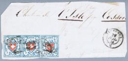 Schweiz RAYON 1853-07-29 Avenches Rayon-Bri.stk. 3-er Streifen Zu#17II Typ37-39 C2-RU - 1843-1852 Timbres Cantonaux Et  Fédéraux