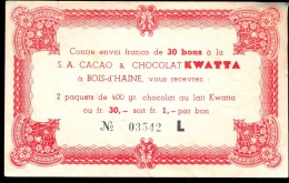 Publicité Reclame Waardebon Bon Chocolat Kwatta  Chocolade - Chocolat