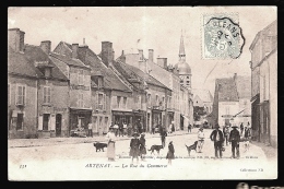 CPA ANCIENNE- ARTENAY (45)- LA RUE DU COMMERCE AVEC BELLE ANIMATION- CHIENS- COMMERCES - Artenay