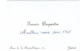 Ancienne Carte De Visite De Francis Despontin, Rue De La République, Jumet, (Belgique) 1967 - Visitenkarten