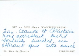 Ancienne Carte De Visite De M. Et Mme Jean Vandevelde, Rue St-Martin Tirlemont Tienen 1965 - Visitenkarten