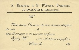 WAVRE. BANQUIERS.   A. BEAUFAUX & G. D'AOUST. - Wavre