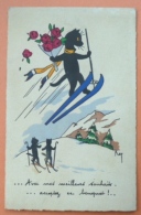 CPA Litho Aquarelle Illustrateur C.N.P. Signé KAT  Chat Noir Silhouette Humanisé Sur Skis Bouquet Voeux 1934 - Animaux Habillés