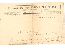 Lettre à Entête - Centrale De Répartition Des Beurres à Liège Vers La Laiterie De Vielsalm 1943 - Guerre 40/45 (b185) - 1900 – 1949