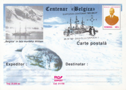 BELGICA ANTARCTIC EXPEDITION, SHIP, SEAL, PENGUINS, R. AMUNDSEN, PC STATIONERY, ENTIER POSTAL, 1998, ROMANIA - Antarctic Expeditions