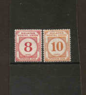 MALAYAN POSTAL UNION 1936 8c, 10c POSTAGE DUES SG D3, D4 UNMOUNTED MINT - HIGH CATALOGUE PRICE!!!! - Malayan Postal Union