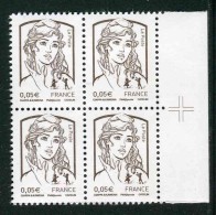 Bloc De 4 Timbres** Gommés  "0,05 € - Marianne De Ciappa" Avec Repère De Fabrication Sur Marge (croix) - 2013-2018 Marianne Of Ciappa-Kawena