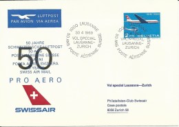 SF 69.4, Swissair, PRO AERO, Vol Spécial Lausanne - Zurich, 1969 - Otros & Sin Clasificación