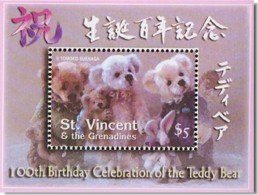 VINCENT GRENADINES SHEET TEDDY BEARS TOYS 100TH BIRTHDAY CLEBRATION - Dolls