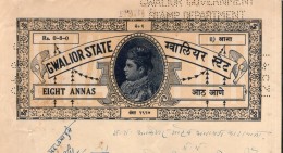 India Fiscal Gwalior State 8 As King Stamp Paper Type 90 KM 906 Used # 10814F  Court Fee / Revenue Stamp - Gwalior