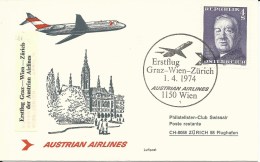 RF 74.9, Austrian, Graz - Wien - Zurich, DC-9, 1974 - Erst- U. Sonderflugbriefe