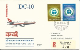 RF 74.3 U, Swissair, Genève - Bombay, Recommandé, DC-10, 1974 - Erst- U. Sonderflugbriefe