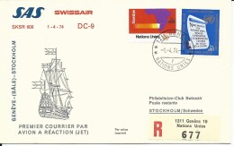 RF 74.7 U, SAS - Swissair, Genève - Stockholm, Recommandé, DC-9, 1974 - Erst- U. Sonderflugbriefe