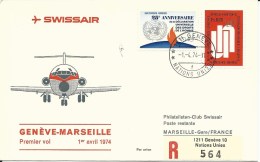 RF 74.8 U, Swissair, Genève - Marseille, Recommandé, DC-9, 1974 - Erst- U. Sonderflugbriefe