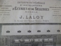 Publicité Illustrée Format A 4 Environ J.Laloy Paris Entreprise D'installations D'écuries Et De Selleries. Chevaux Cheni - Werbung