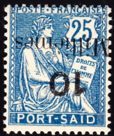 Port Said  1921 10m On 25c Inverted Surcharge. Scott 41a. MvlH. - Neufs