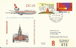 RF 74.25 U, Swissair, Genève - Santiago De Chile, Recommandé, DC-10, 1974 - Eerste Vluchten