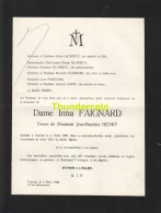 FAIRE PART MORTUAIRE DOODSBRIEF 1928 TOURNAI IRMA FAIGNARD JEAN BAPTISTE HENRY - Décès