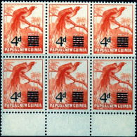 BIRDS-RAGGIANA BIRD OF PARADISE-SURCHARGED-DOWNRATED-BLOCK OF 6-OVPT-PAPUA NEW GUINEA-1957-MNH-SCARCE-B9-594 - Spechten En Klimvogels