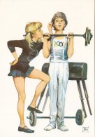 Weightlifting At Olympics Blonde Girl Teasing Humor Postcard Signed Dau - Weightlifting