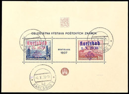 Blockausgabe "Briefmarkenausstellung Bratislava 1937" Mit Handstempelaufdrucken "Karlsbad 1.X.1938 + Hakenkreuz",... - Autres & Non Classés
