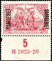 2,50 Mark Deutsches Reich Mit Aufdruck "Saargebiet", B-Farbe, Unterrandstück Mit HAN "H 2025.20", Tadellos... - Autres & Non Classés