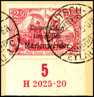 2,50 Mark Deutsches  Reich Mit Dreizeiligem Bdr.-Aufdruck "Marienwerder", Unterrandstück Mit Ur-HAN "H... - Autres & Non Classés