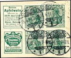 Germania 1911, R1/2+5 Pf. Heftchenblatt Mit Reklamen Apfelwein Und Gühler Honig Auf Briefstück, Jede... - Autres & Non Classés