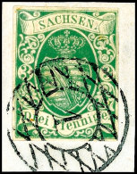 3 Pfennige Saftiggrün, Erste Auflage, Allseits Vollrandiges Und Farbfrisches Kabinettstück, Klar... - Saxe
