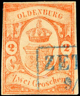 2 Gr. Dunkelzinnober, Tieffarbiges Exemplar Mit Blauem Ra2 Von Zettel, Unauffällig Ausgebessert, Gepr.... - Oldenbourg