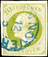 10 Groschen Grün, Vollrandiges Und Farbfrisches Kabinettstück, Klar Gestempelt Mit Blauem K2 "HANNOVER... - Hanovre