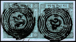 3 Kr. Schwarz Auf Blau, Waagerechtes Paar Auf Briefstück Mit Zwei Mal 5-Ring-Stempel "24", Die Linke Marke... - Autres & Non Classés