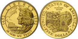 5 Dollars, Gold, 1992, 500. Jahrestag Der Entdeckung Amerikas, KM 239, Fb. 203, In Originalschatulle, In Kapsel,... - Autres & Non Classés