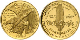 5 Dollars, Gold, 1987, 200 Jahre Verfassung Der Vereinigten Staaten Von Amerika, KM 221, Fb. 198, In Kapsel, PP. ... - Autres & Non Classés