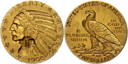 5 Dollars, Gold, 1908, Indian Head, Mzz S San Francisco, Fb. 150, Ss-vz.  Ss-vz5 Dollars, Gold, 1908, Indian... - Autres & Non Classés
