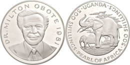 500 Shilling, 1981, Dr. Milton Obote/Elefant, 135,90g, KM 23a, In Schatulle, PP.  PP500 Shilling, 1981, Dr.... - Ouganda