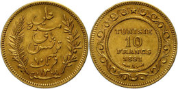 10 Francs, Gold, 1891, Ali Bei, Fb. 13, KM 226, Ss.  Ss10 Franc, Gold, 1891, Ali By, Fb. 13, KM 226, Very Fine.... - Tunisie