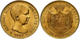 20 Pesetas, Gold, 1887, Neuprägung, Alfonso XIII., Fb. 345R, Minimaler Randfehler, Vz-st.  Vz-st20... - Autres & Non Classés
