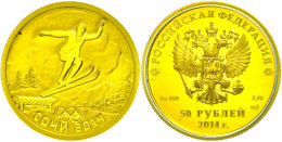 50 Rubel, 2014, Gold, Winterolympiade Sotschi - Skispringer, Mit Zertifikat In Ausgabeetui Und OVP, 1/4 Unze,... - Russie
