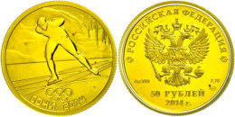 50 Rubel, 2014, Gold, Winterolympiade Sotschi - Schlittschuhläufer, Mit Zertifikat In Ausgabeetui Und OVP, 1/4... - Russie