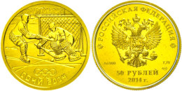 50 Rubel, 2014, Gold, Winterolympiade Sotschi - Eishockey, Mit Zertifikat In Ausgabeetui Und OVP, 1/4 Unze, Patina,... - Russie