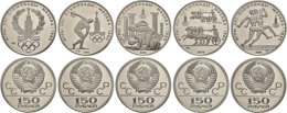 5 X 150 Rubel, Platin, 1977-1980, Olympiade In Moskau, Parchimowicz 276-280, Jeweils In Kapsel, PP.  PP5 X 150... - Russie
