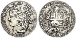 5 Pesetas, 1882, LM, Ayacucho, KM 201.3, Randfehler, Ss+.  5 Pesetas, 1882, LM, Ayacucho, KM 201. 3, Margin... - Pérou