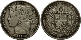Peseta, 1880, BF, Lima, KM 200.1, S-ss.  S-ssPeseta, 1880, Cover, Lima, KM 200. 1, S Very Fine.  S-ss - Pérou