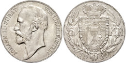 5 Kronen, 1900, Johann II., Divo 93, Vz+.  5 Coronas, 1900, Johann II., Divo 93, Extremly Fine . - Liechtenstein