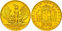 100 Drachmen, Gold, 1967 (1970), Auf Die Nationale Revolution Vom 21. April 1967, Fb. 21, Kl. Rf., F. St.  100... - Grèce