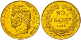 20 Francs, 1844 W (Lille), Gold, Louis Philippe I., Kl. Rf., Ss+.  20 Franc, 1844 W (Lille), Gold, Louis... - Autres & Non Classés