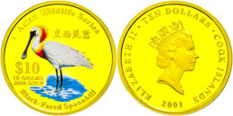 10 Dollars, Gold, 2001, Blackfaced Spoonbill, Fb. 93, Mit Zertifikat In Ausgabeschatulle Und OVP, Auflage Nur 1000... - Cook