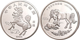 150 Yuan (20 Oz), 1995, Silber "Einhorn 2. Ausgabe - Chinesisches Einhorn Und Westliches Einhorn Mit Jungtier",... - Chine