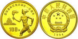 100 Yuan, Gold, 1994, 100 Jahre Olympische Spiele Der Neuzeit-Fackelläuferin, KM 529, Schön 583, Fb. 114,... - Chine